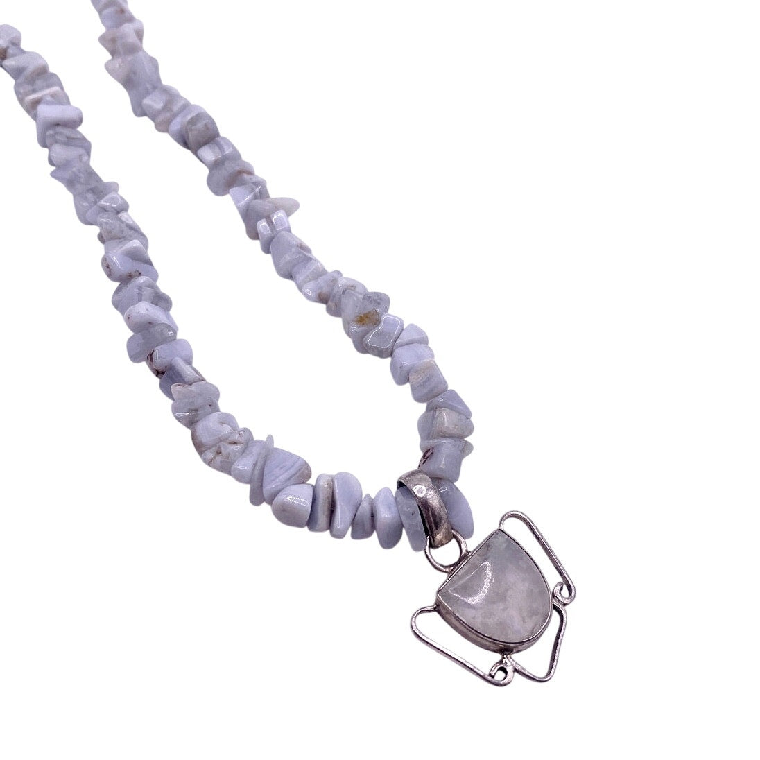 Vintage Blue Lace Agate and Sterling Silver Necklace with Moonstone Pendant