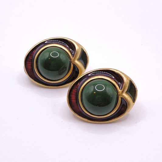 Vintage Carlisle Signed Earrings 1” Gold Tone and Enamel Colored Red And Green
