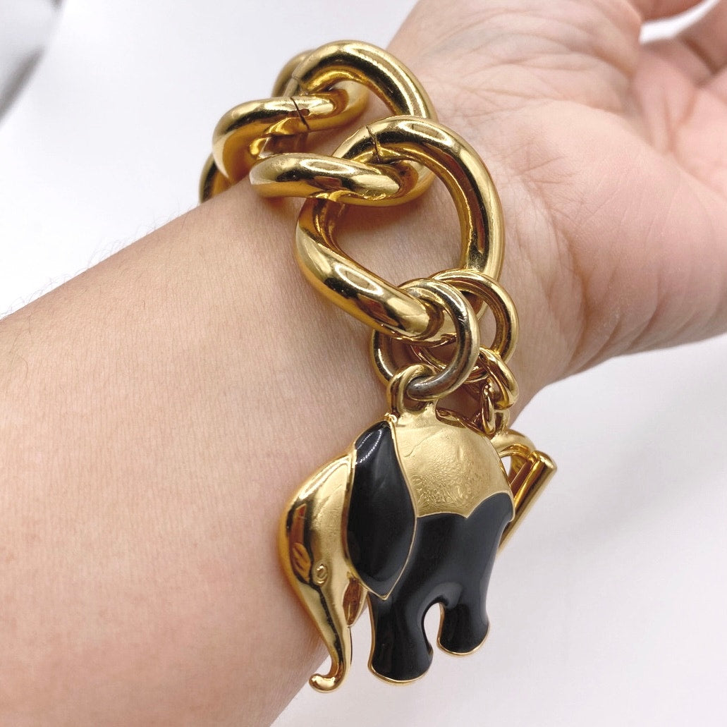 Trina Turk Vintage Chunky Links Bracelet Gold Tone Elephant Charm 8”