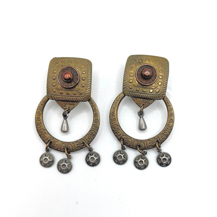 Marjorie Baer Signed Artist Earrings Brass and Copper