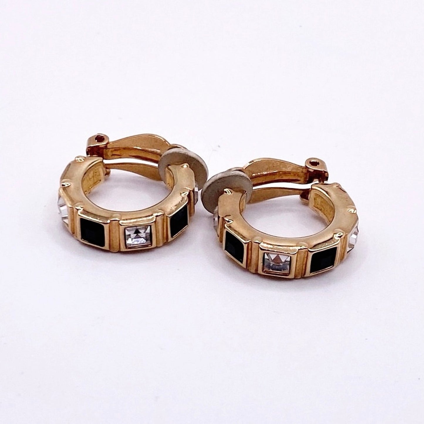 Swarovski Vintage Clip On Earrings Hoops with Black and White Crystals 1”