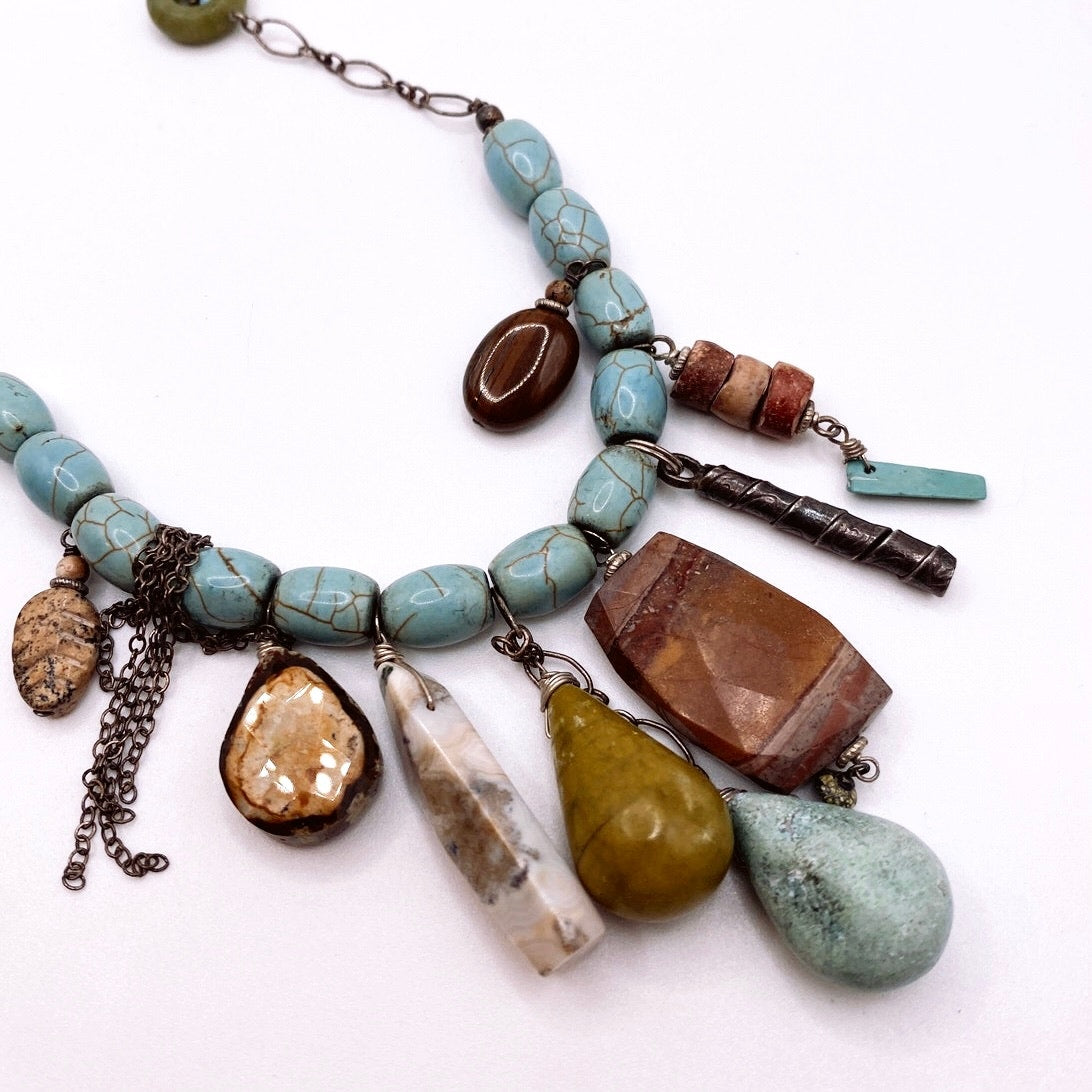 Vintage Artesian Sterling Silver and Turquoise with Mixed Gemstones Necklace