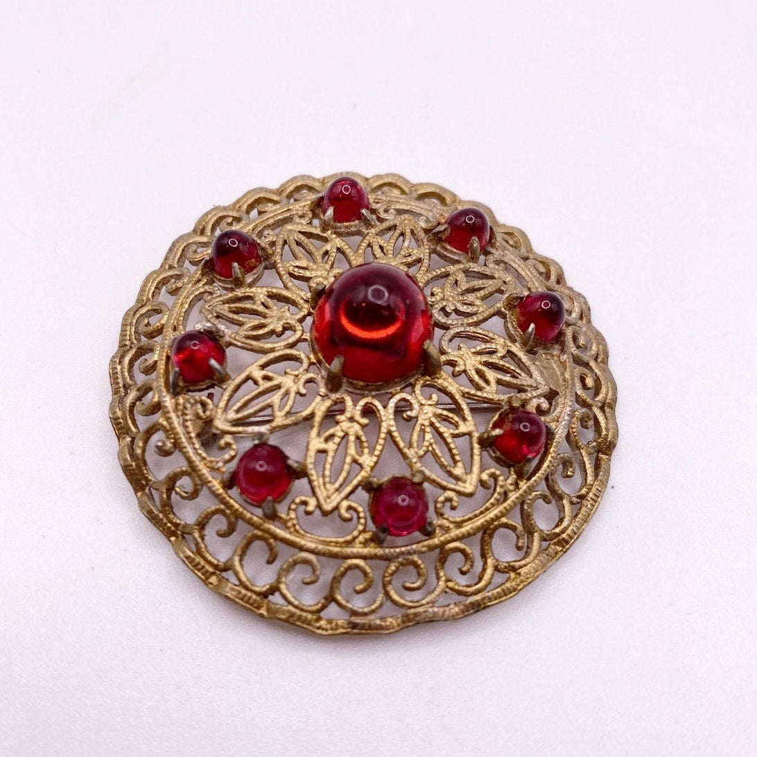 Vintage Filigree Gold Tone Brooch Molded Red Glass 2”