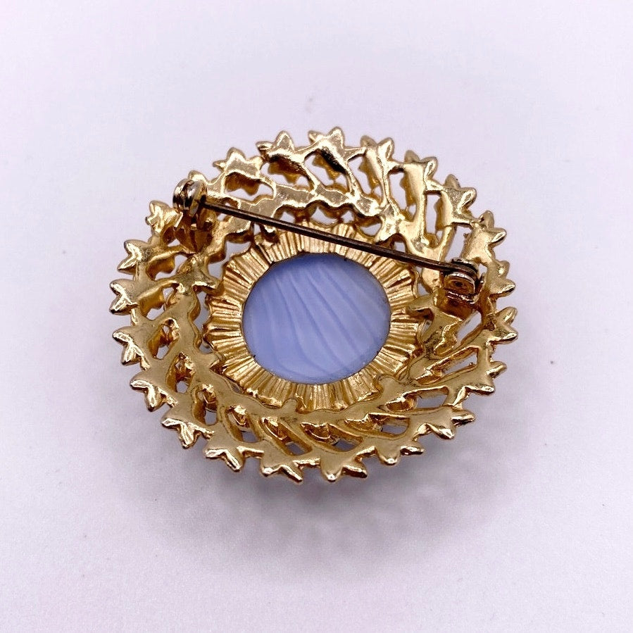 Vintage Vintage Blue Marbled Domed Art Glass & Blue Rhinestones Pin Brooch 2”