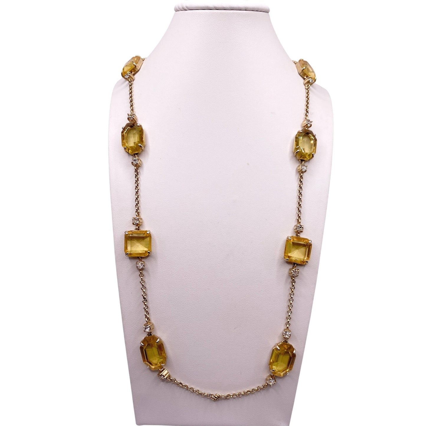 Vntg Ann Taylor Extra Large Necklace with Yellow Square Faceted Glass Stones 30”