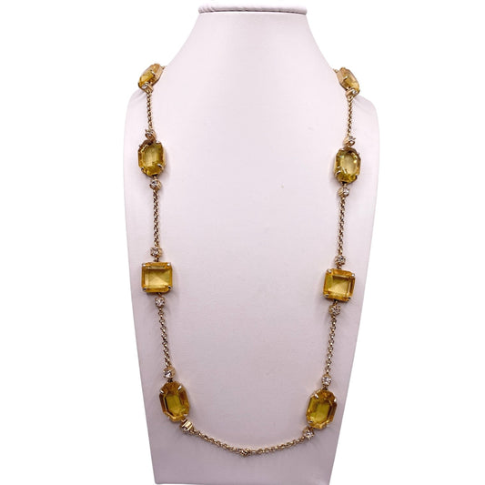 Vntg Ann Taylor Extra Large Necklace with Yellow Square Faceted Glass Stones 30”
