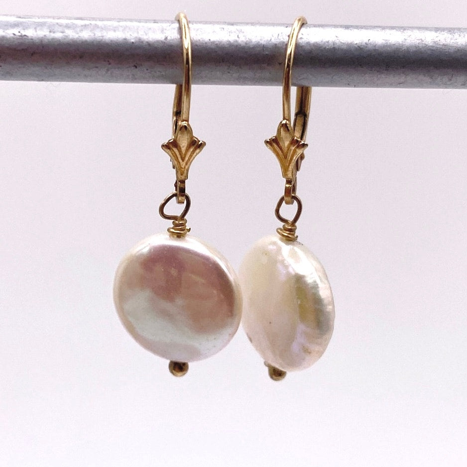 14k Gold and Pearl Leverback Earrings