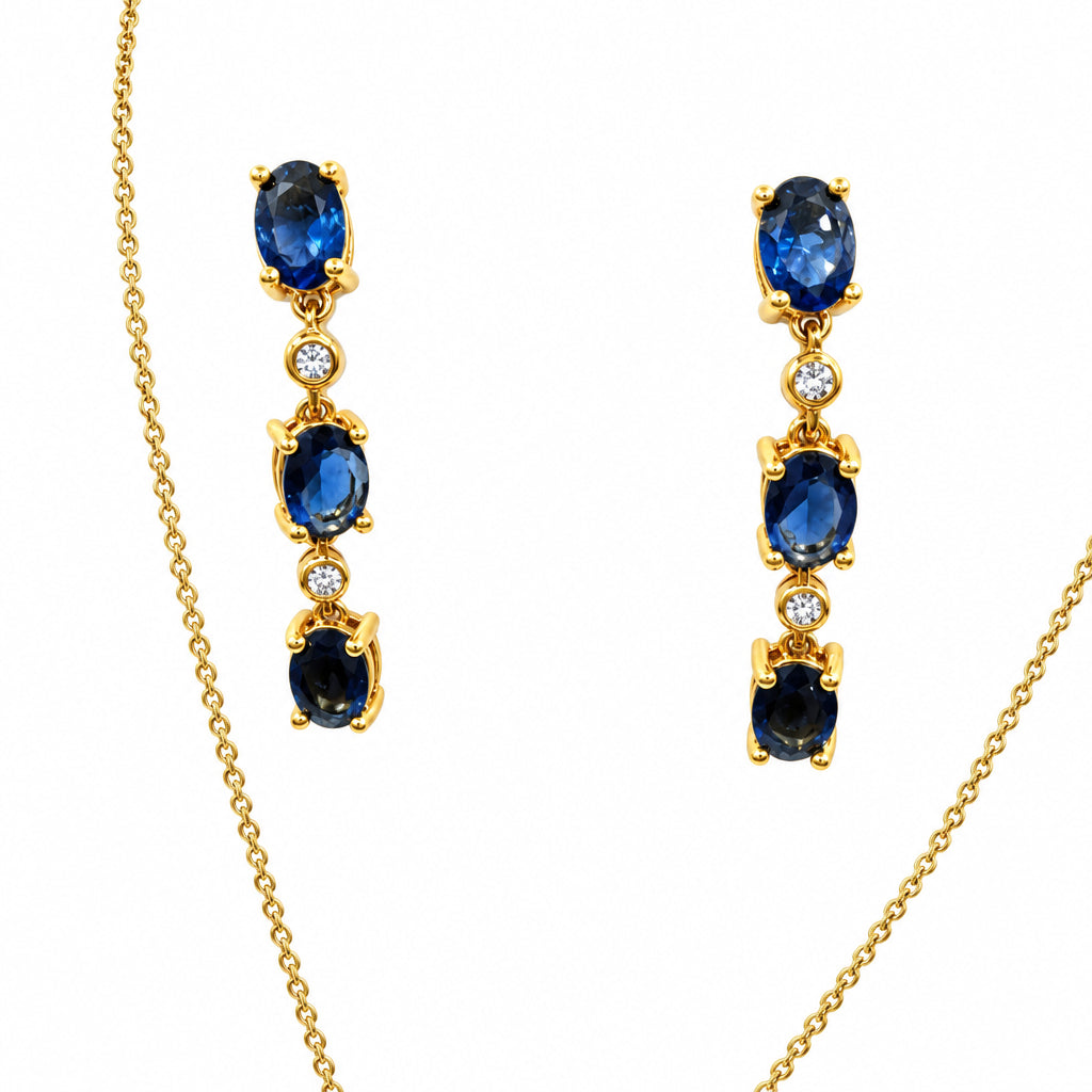 Gold Vermeil Set Necklace 20” Total and Drop Earrings With Blue CZ