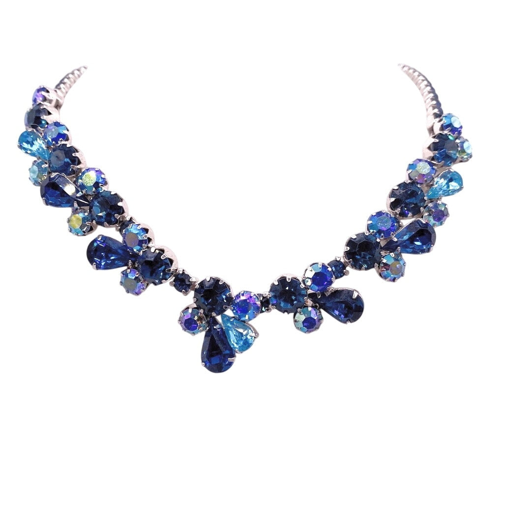 Weiss Stunning Vintage AB Royal Blue Rhinestones Necklace 16”