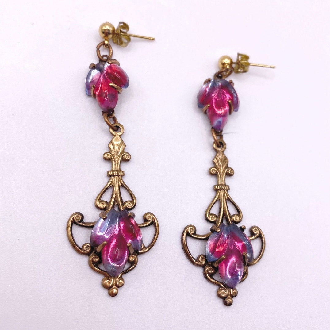 Vintage Filigree Brass Dangling Earrings Pink and Purple Glass Stones