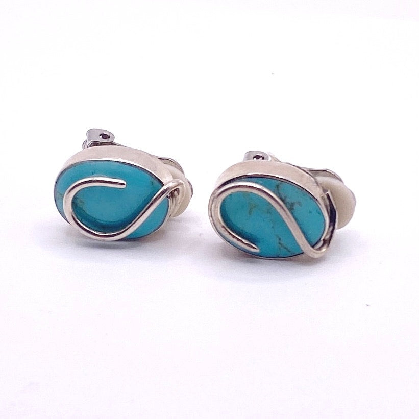 Vintage Turquoise And Sterling Silver Plated Clip On Earrings