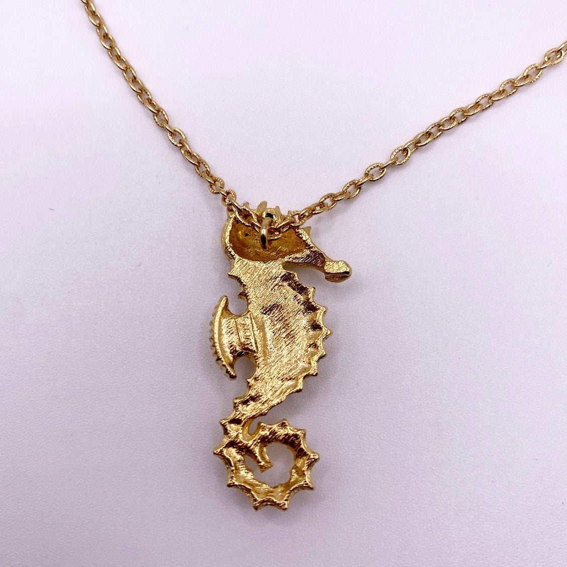 J.Jay Signed Vintage Necklace with Sea Horse Pendant Gold Tone and Rhinestones