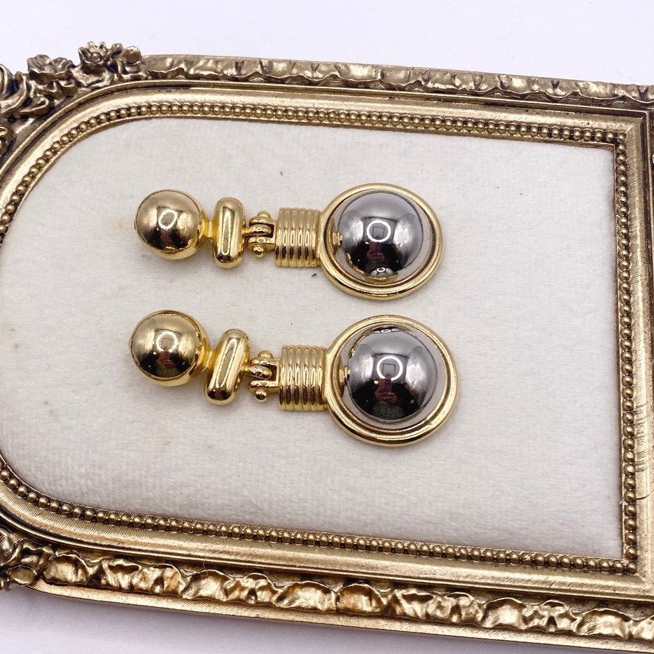 Two Tone Vintage Clip on Dangling Earrings 2” Modernist Designs