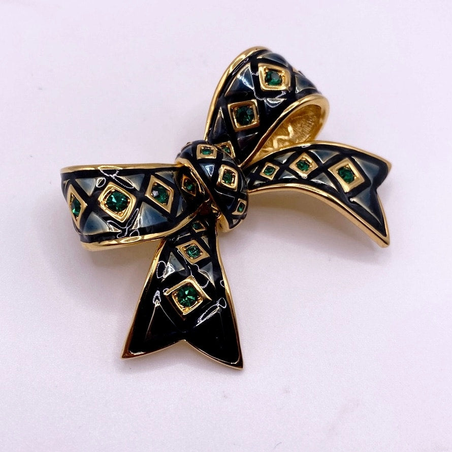 Joan Rivers Vintage Black Bow Brooch with Green Rhinestones