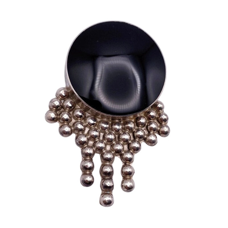 Taxco Mexico Sterling Silver Brooch With 1 inch Onyx Polished Stone 30.19 gr