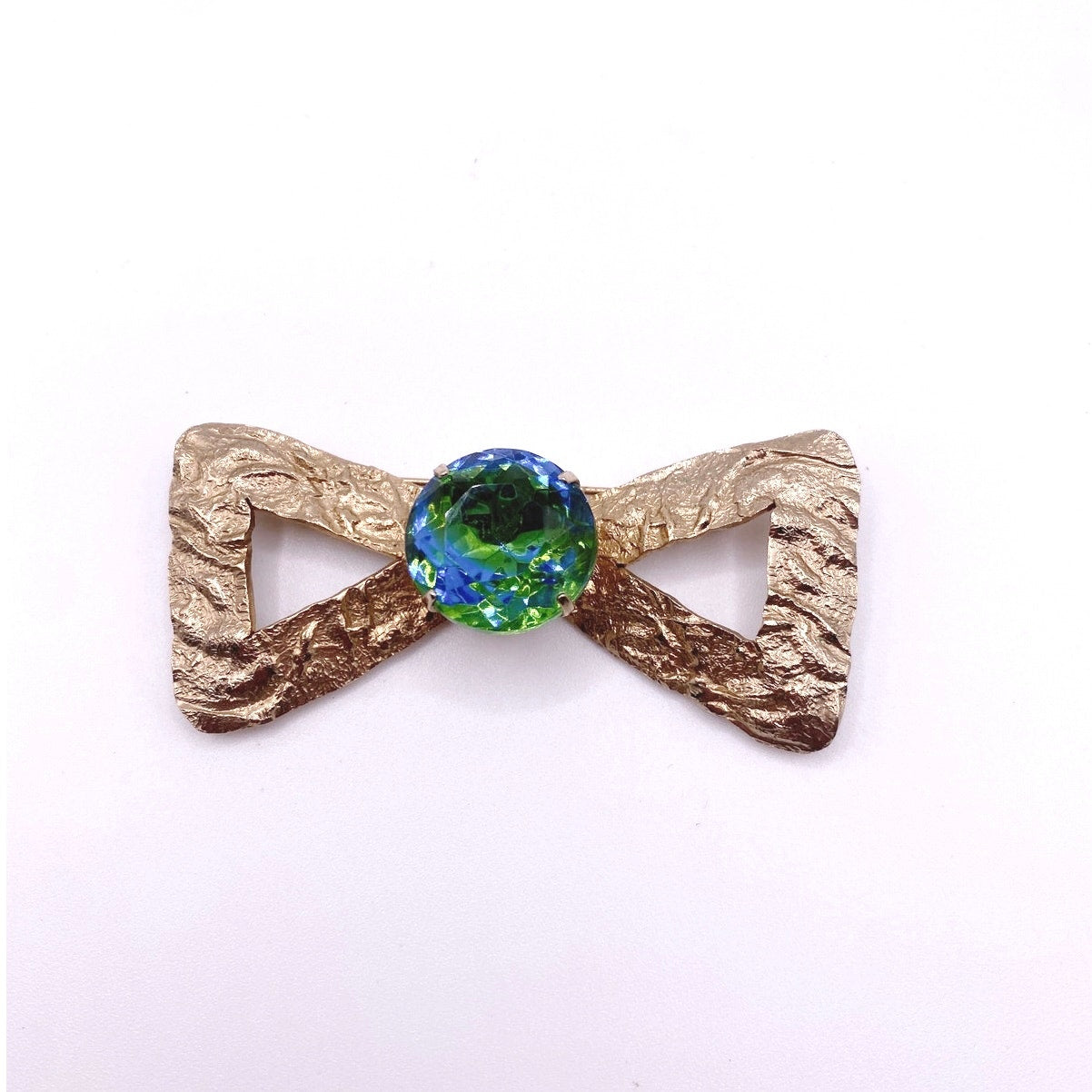 Vintage Brooch Bow with Bohemian Green and Blue Glass 2” long