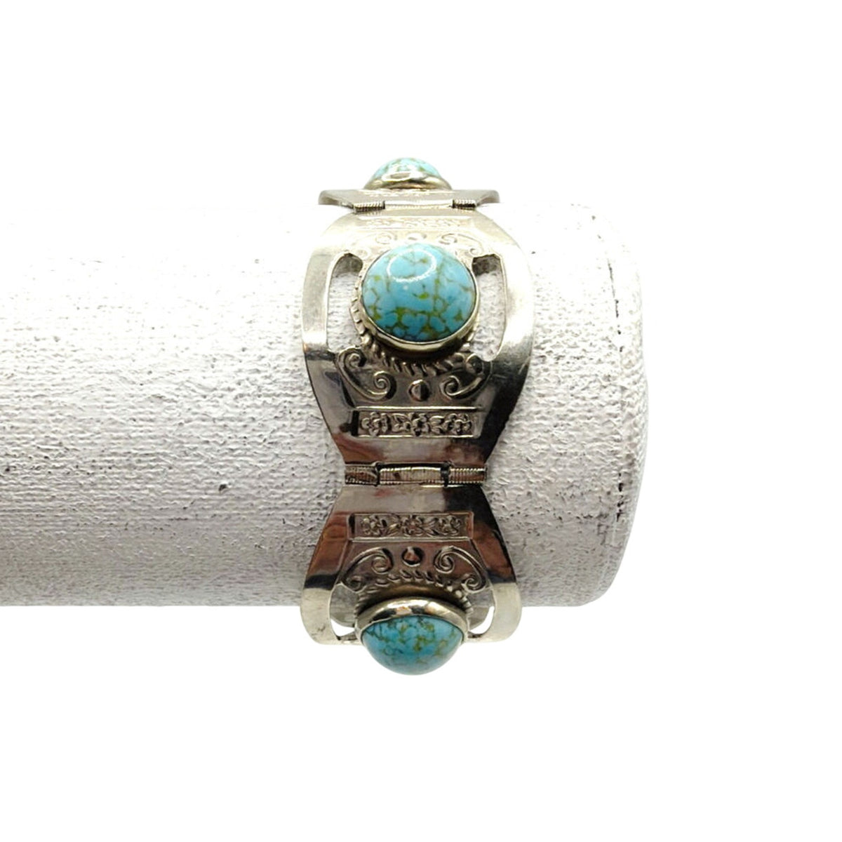Hecho en Mexico Sterling Silver And Faux Turquoise Vintage Hinged Bracelet 7”