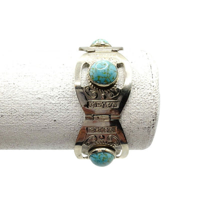 Hecho en Mexico Sterling Silver And Faux Turquoise Vintage Hinged Bracelet 7”