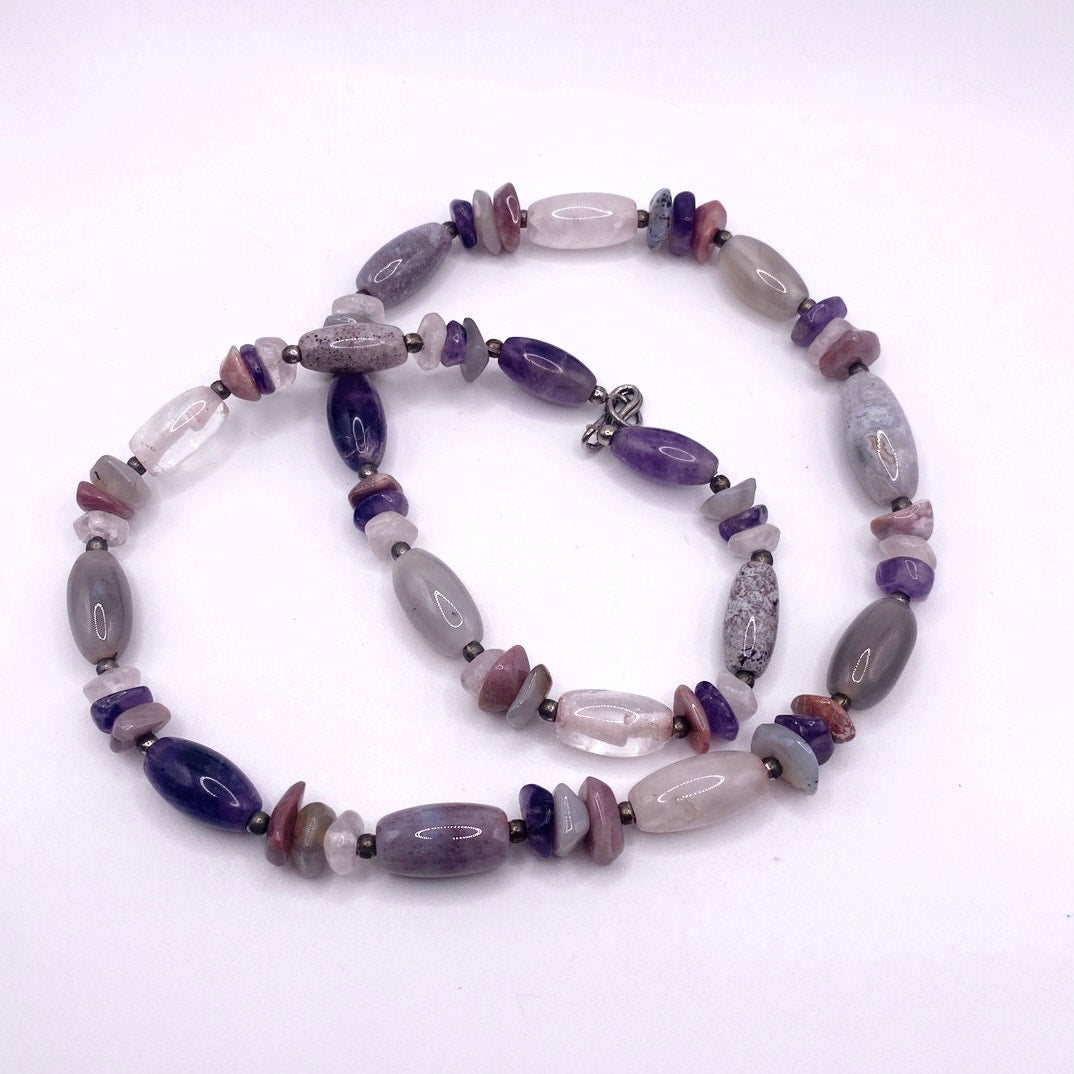 Vintage Handmade Amethyst and Mixed Gemstones Necklace Beautiful Polished