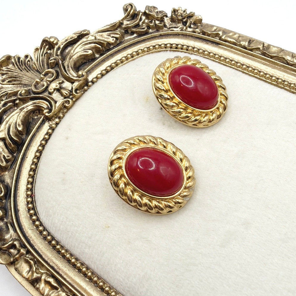 Monet Vintage Clip On Earrings Red Lucite and Gold Tone
