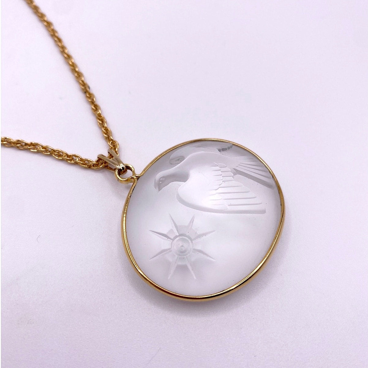 Nina Ricci Lalique Frosted Glass Peace Dove with Star Pendant Necklace Gold Tone