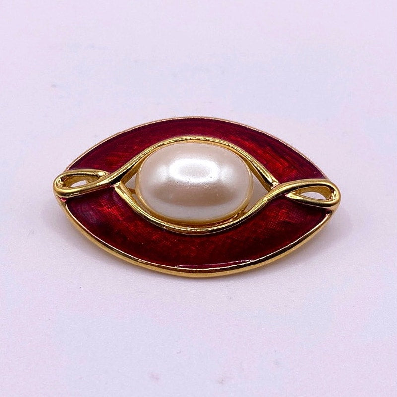 Monet Brooch Red Enamel with Faux Pearl