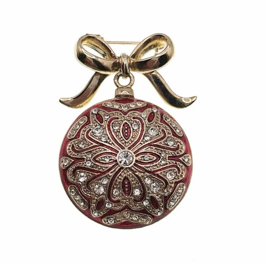 Monet vintage Pin Brooch Red Enamel and Rhinestones With Bow