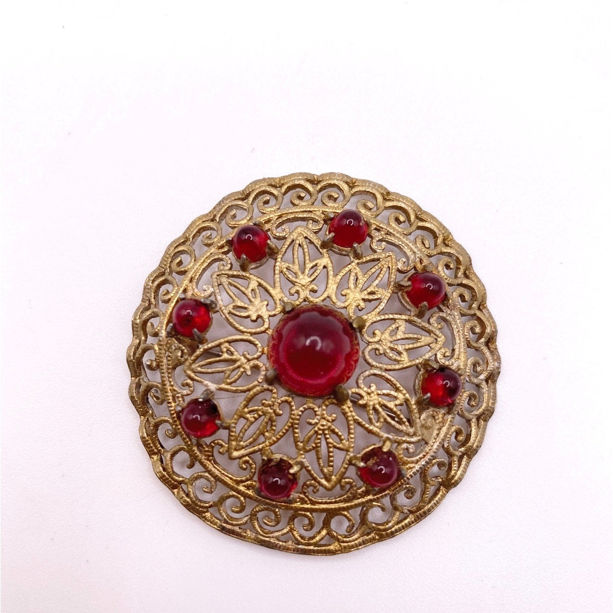 Vintage Filigree Gold Tone Brooch Molded Red Glass 2”