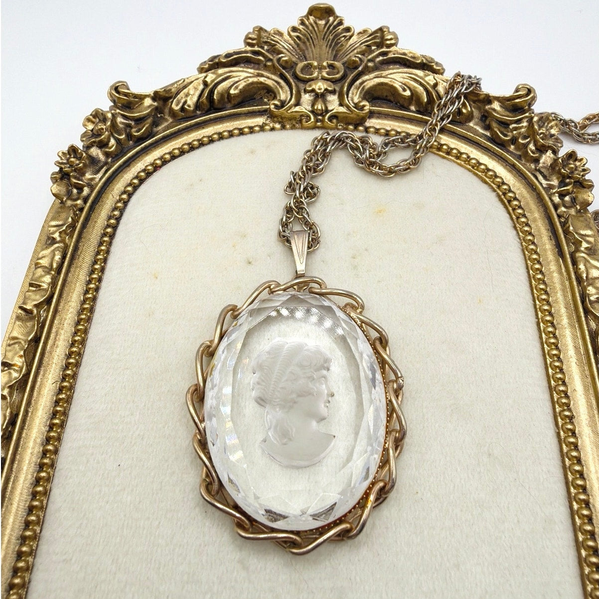 Vintage White Clear Intaglio Glass Cameo Pendant 2" On Large Necklace 22"