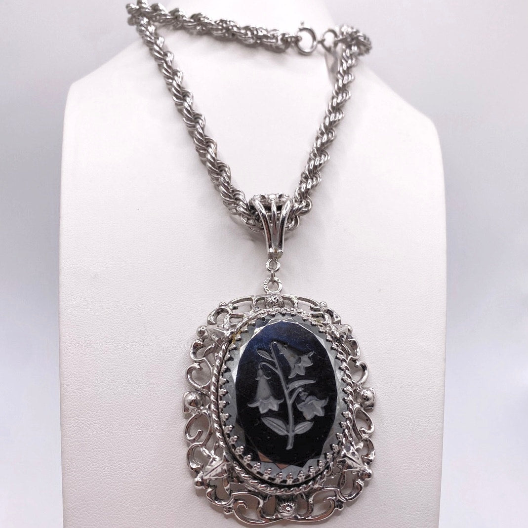 Vintage Whiting Davis Hematite Floral Reverse Cameo 22”