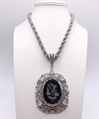 Vintage Whiting Davis Hematite Floral Reverse Cameo 22”