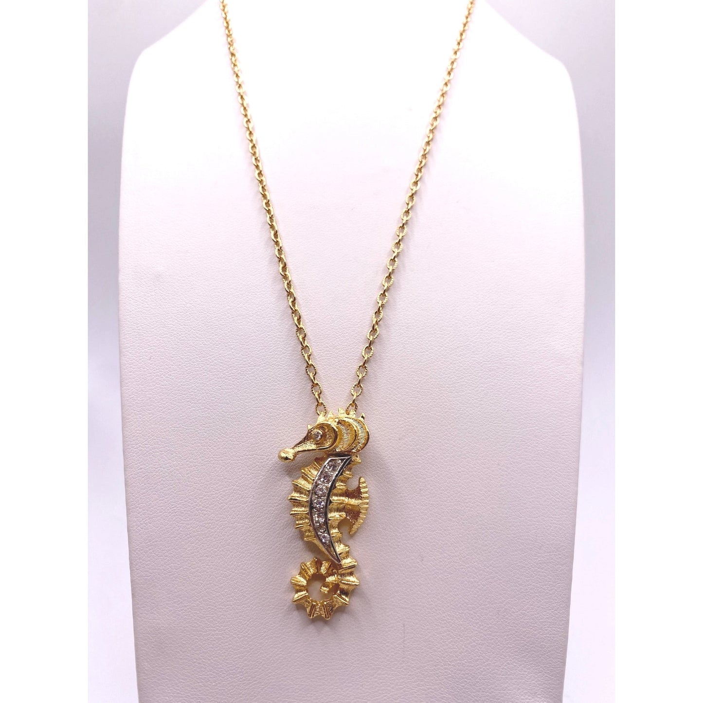 J.Jay Signed Vintage Necklace with Sea Horse Pendant Gold Tone and Rhinestones