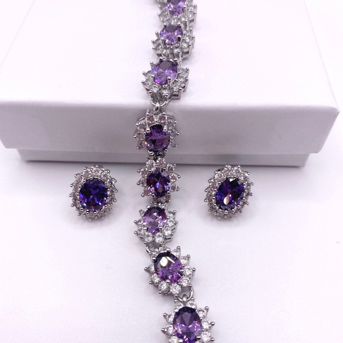 High Quality Rhodium and Silver Plated Bracelet and Studs Earrings-Lab Amethyst