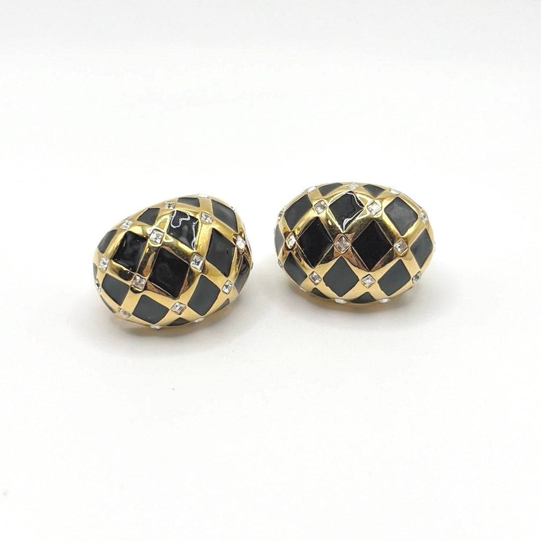 St John’s Black Enamel and Rhinestones Statement Clip On Earrings
