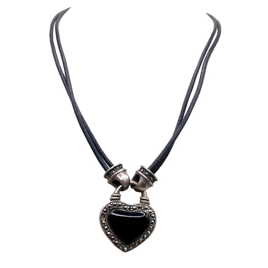 Sterling Silver Reversible Pendant Onyx and Mother of Pearl Necklace on a Cord 16"