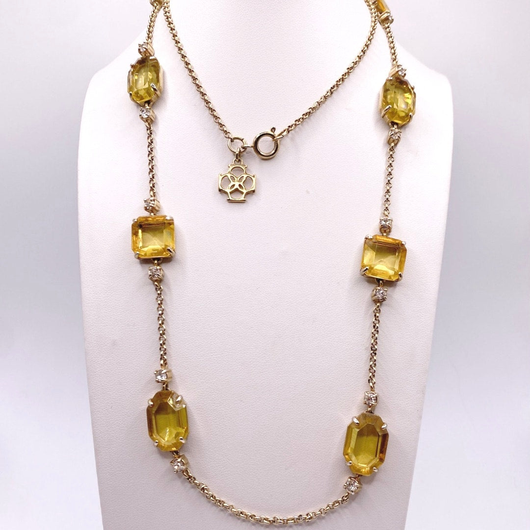 Vntg Ann Taylor Extra Large Necklace with Yellow Square Faceted Glass Stones 30”