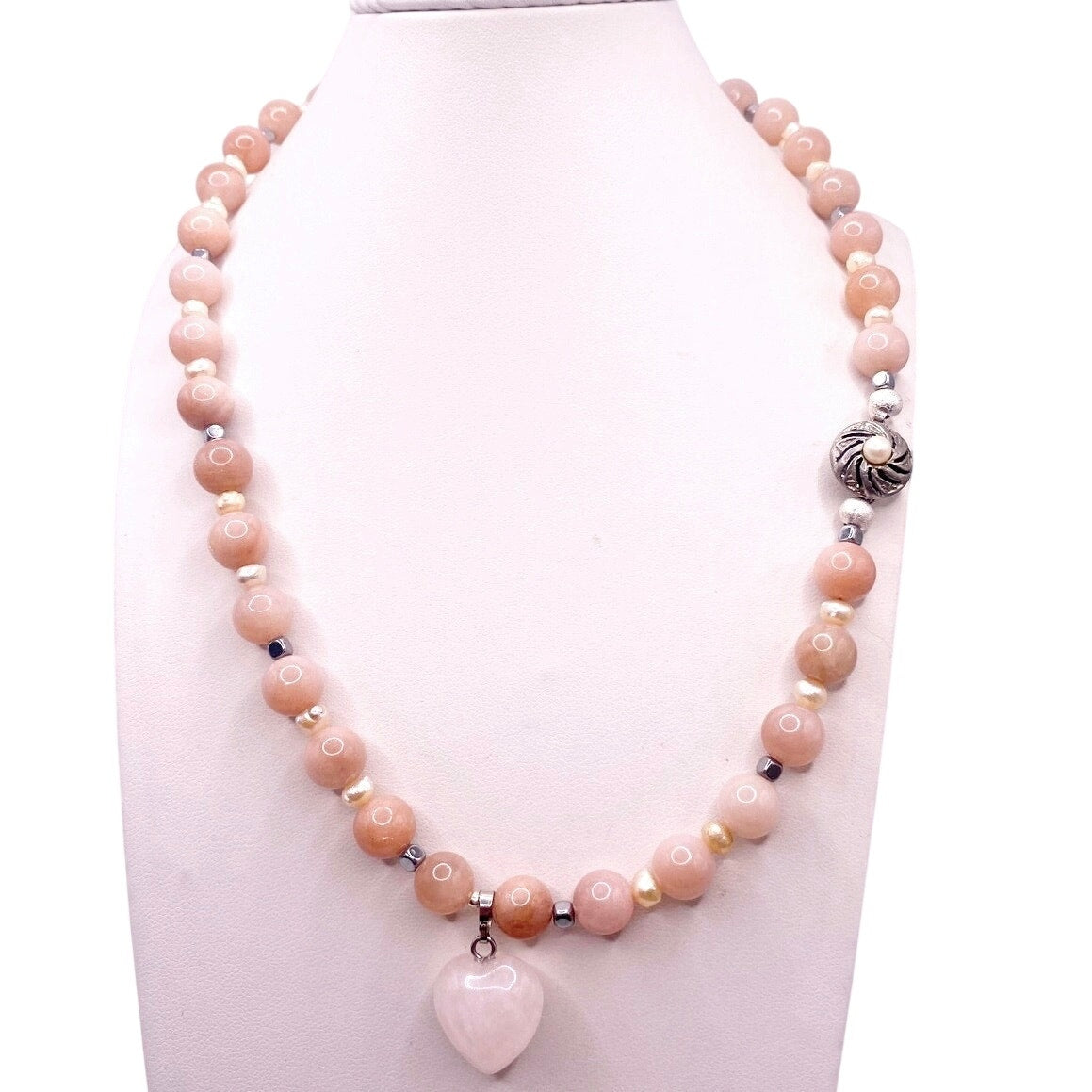 Rose Quartz Heart Sunstone and freshwater Pearls, Hematite Beads Necklace 16”