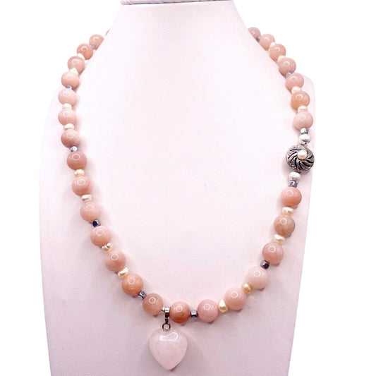 Rose Quartz Heart Sunstone and freshwater Pearls, Hematite Beads Necklace 16”