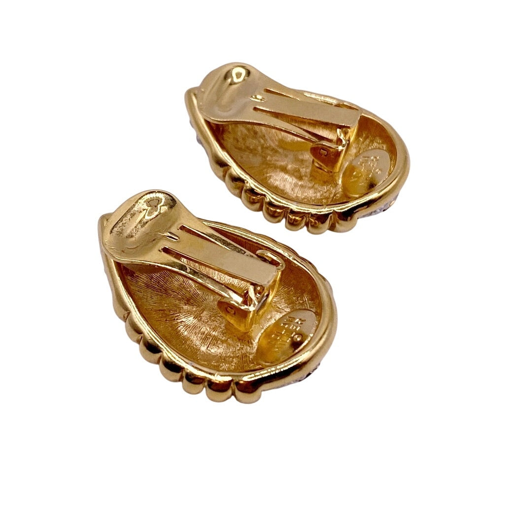 Nolan Miller Vintage Clip On Earrings Gold Tone and Rhinestones White and Blue