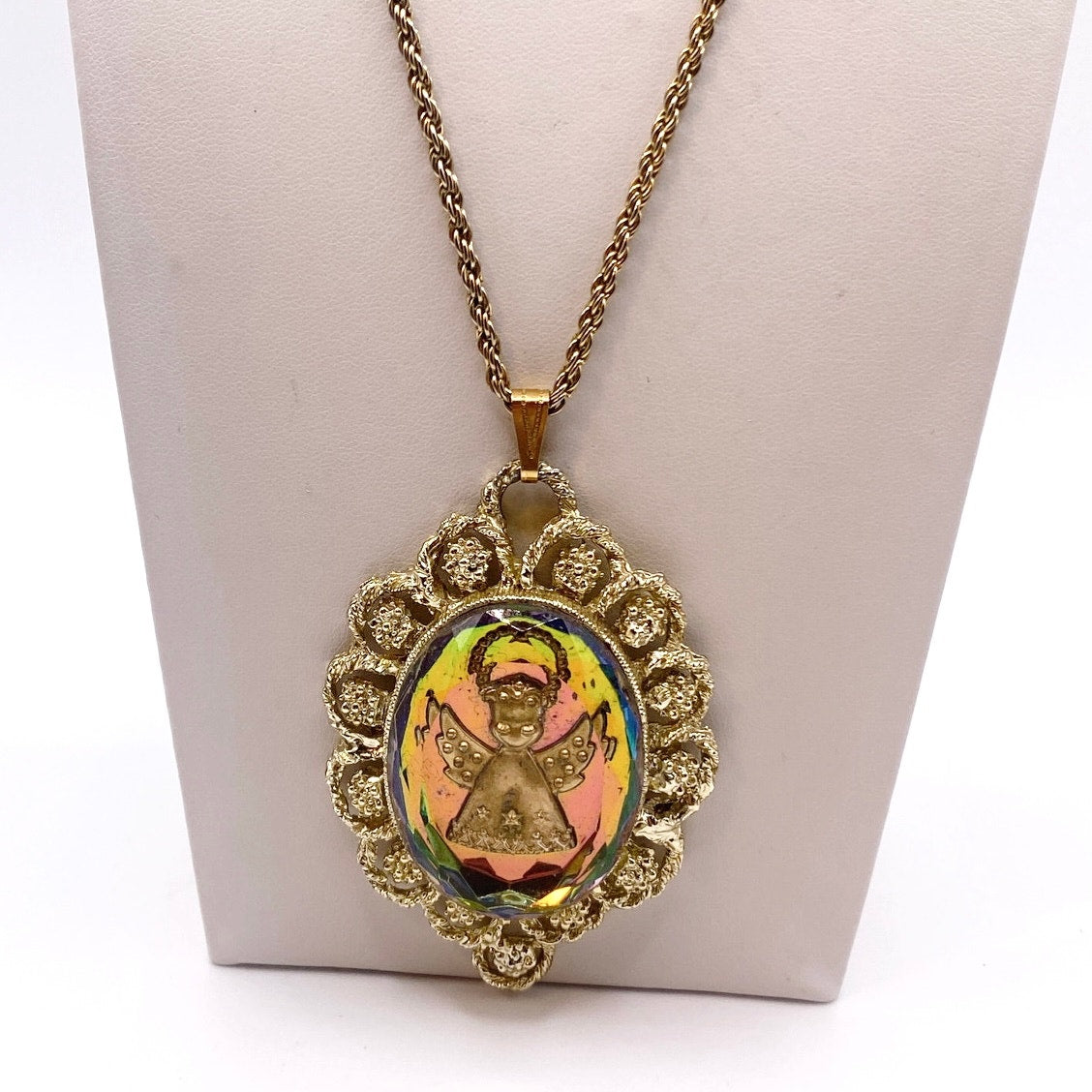 Vintage Glass Angel Intaglio Cameo Chrome Pendant 2" and Necklace 22” long