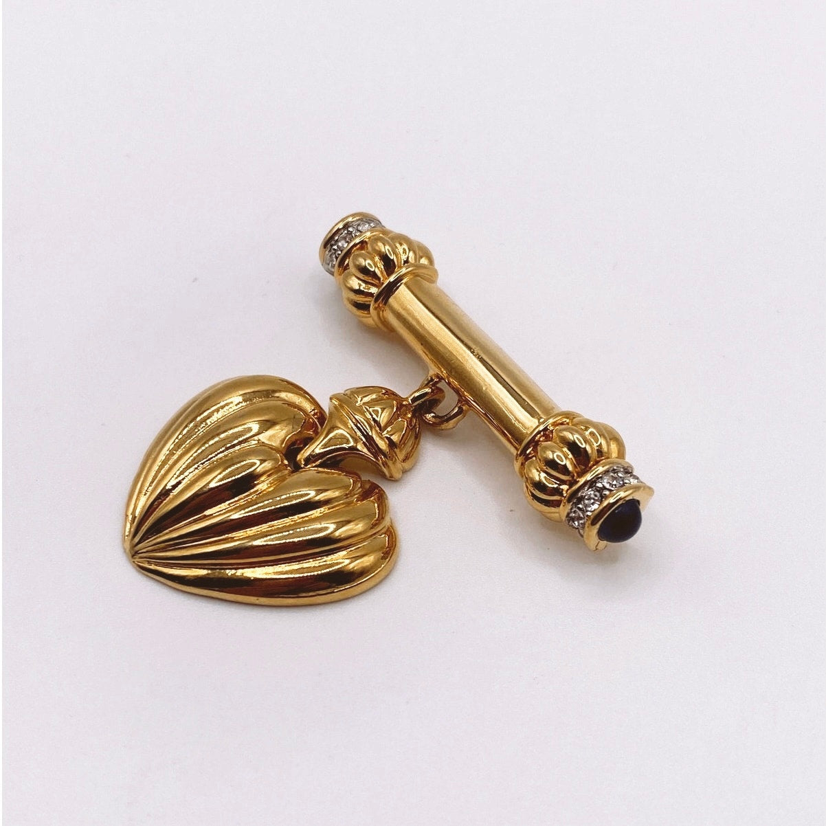 Vintage Heart Pendant Brooch Bar with Rhinestones and Blue Glass Cabochons