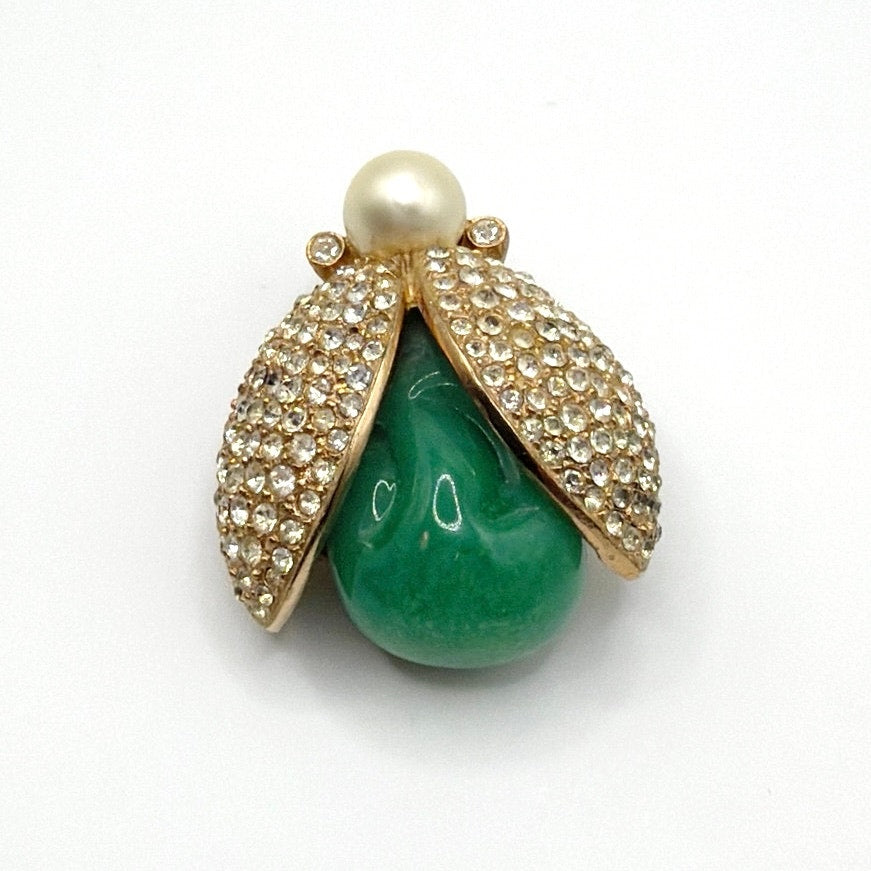 Vintage Rhinestones Scarab Brooch With Green Lucite Stone
