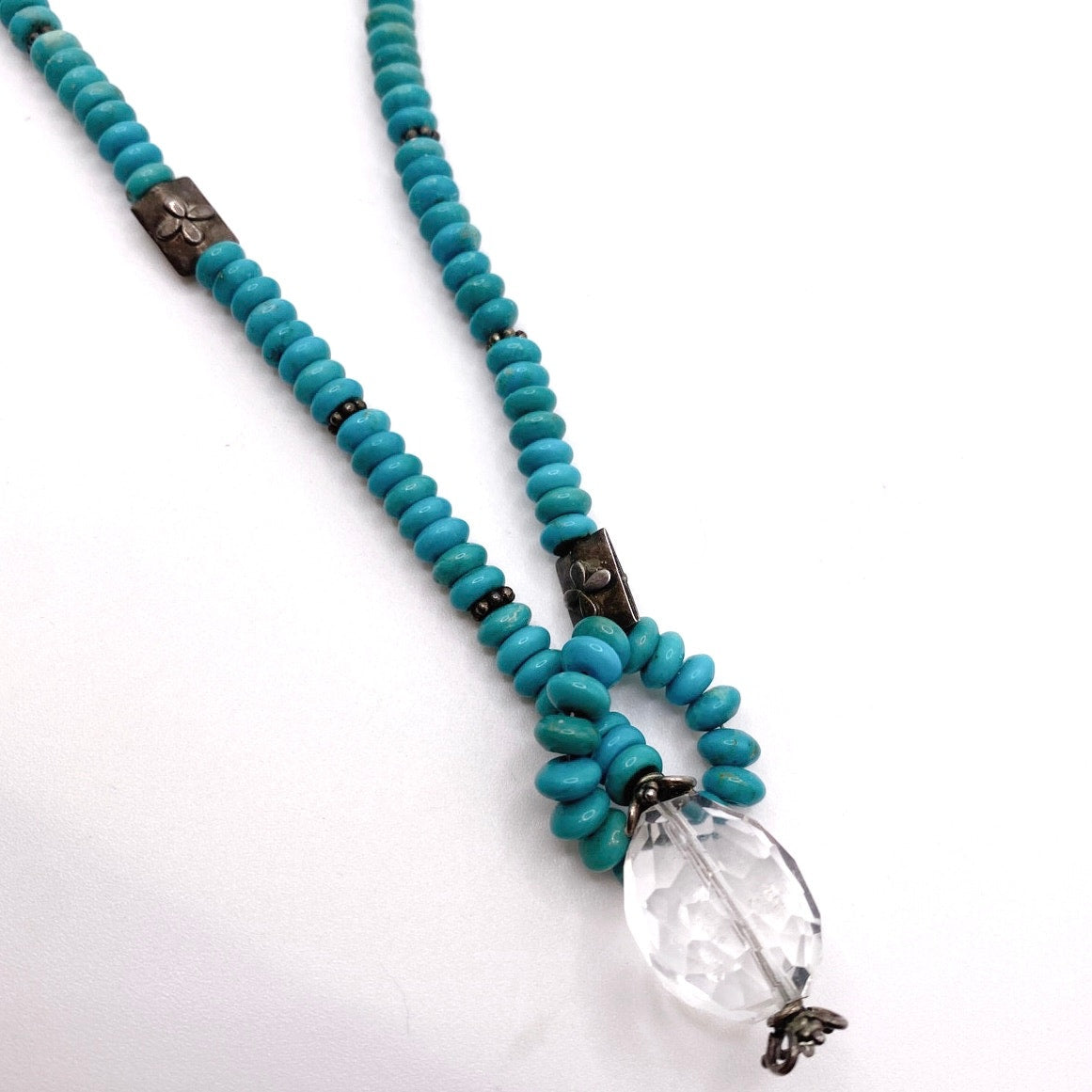 Vntg Turquoise and Sterling Silver Necklace 17” with Faceted Quartz Bead Pendant
