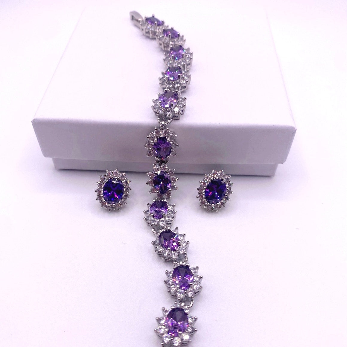 High Quality Rhodium and Silver Plated Bracelet and Studs Earrings-Lab Amethyst
