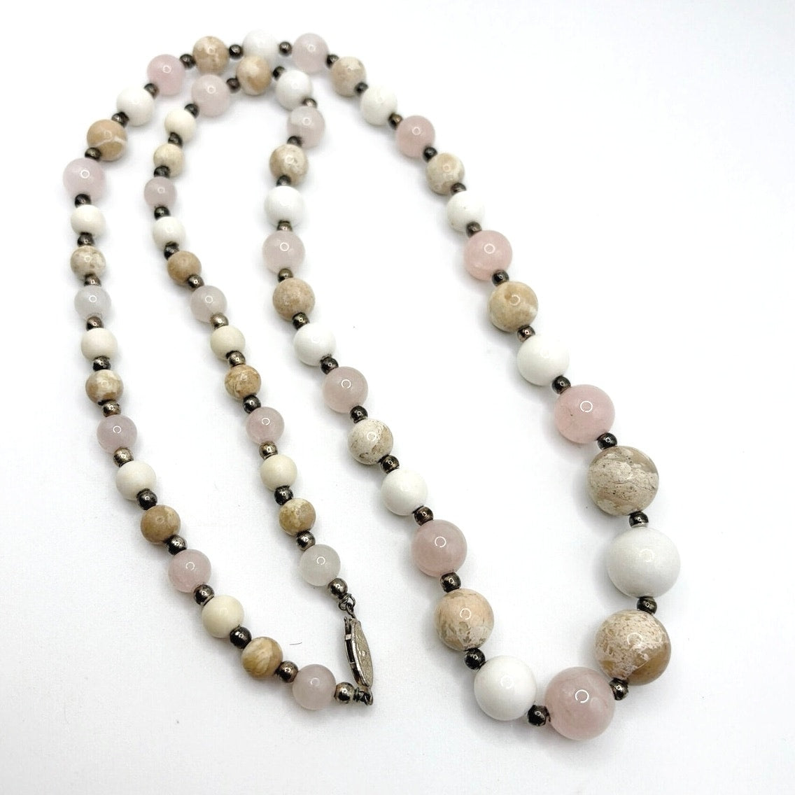 Vintage Agate and Rose Quartz Gemstones Long Necklace 30”