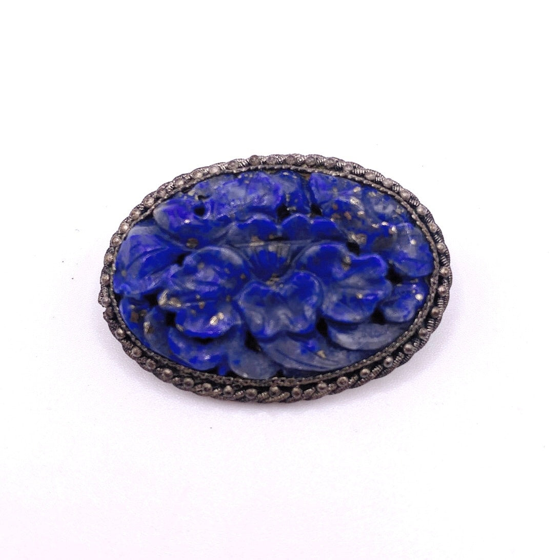 Antique Export China Lapis lazuli Carved Floral Brooch Brass