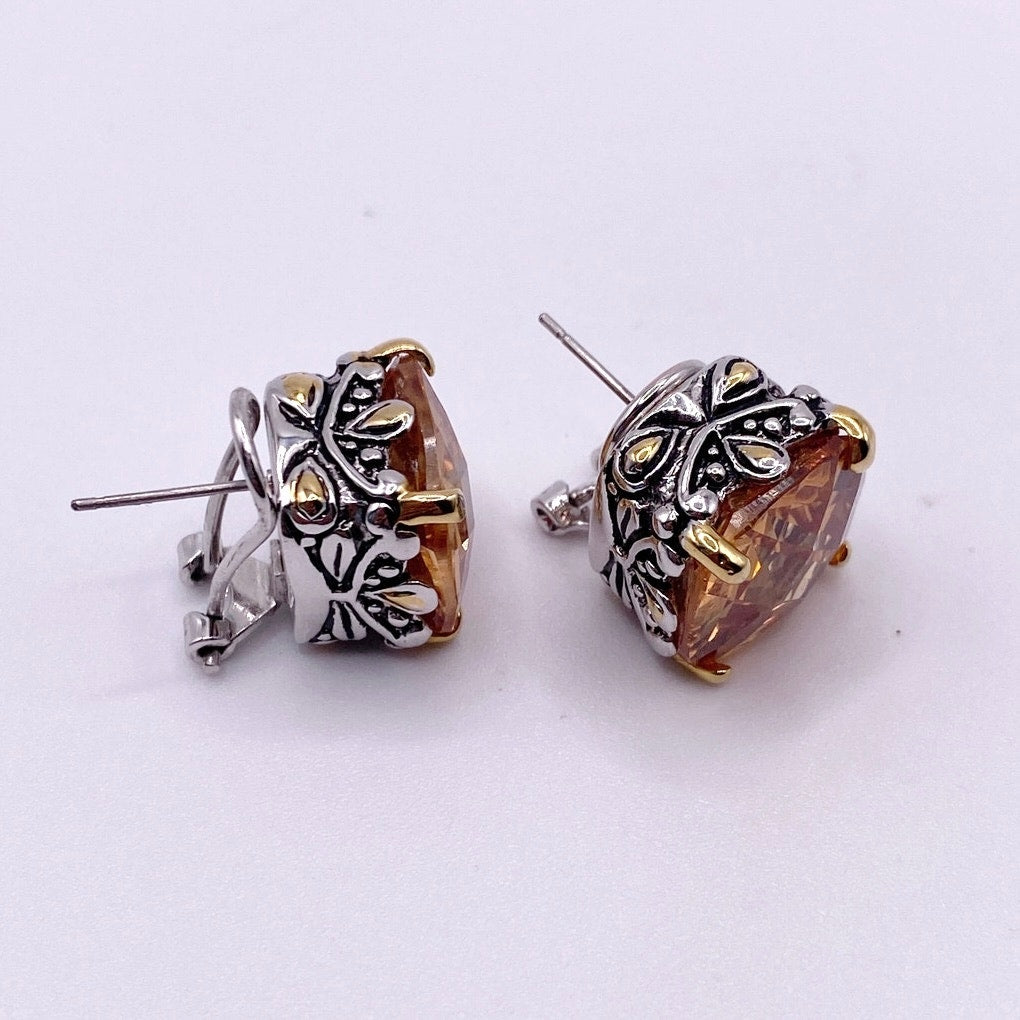Vintage Chunky CZ Topaz Crystals Studs Earrings