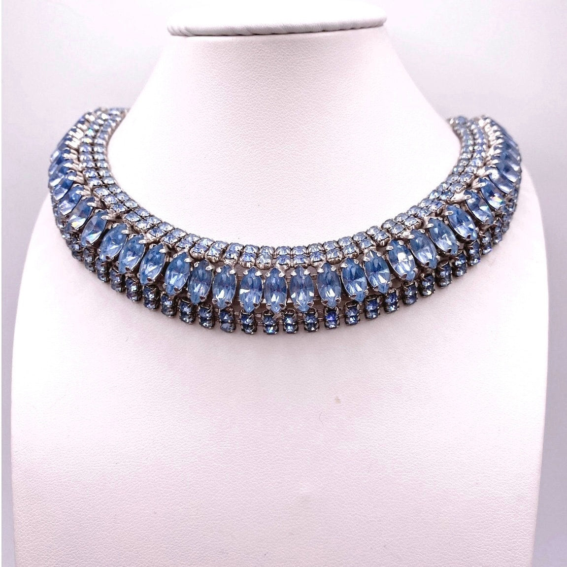 Sapphire Blue Rhinestones And Silver Tone Vintage Necklace and Bracelet Set
