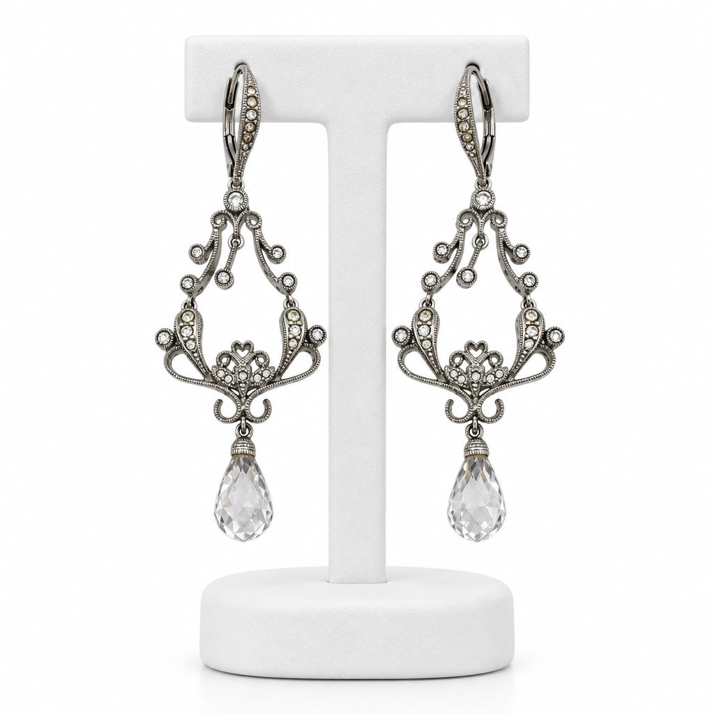 Vintage Drop Silver Tone and Crystals Earrings