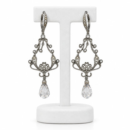 Vintage Drop Silver Tone and Crystals Earrings